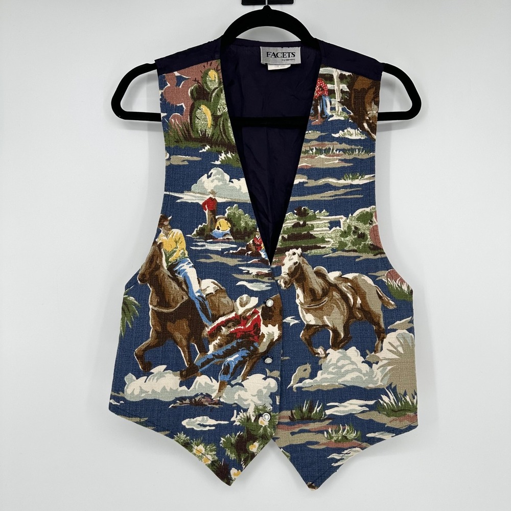 Vintage Facets Blue Tapestry Western Cowboy Horses Sleeveless Vest Country M